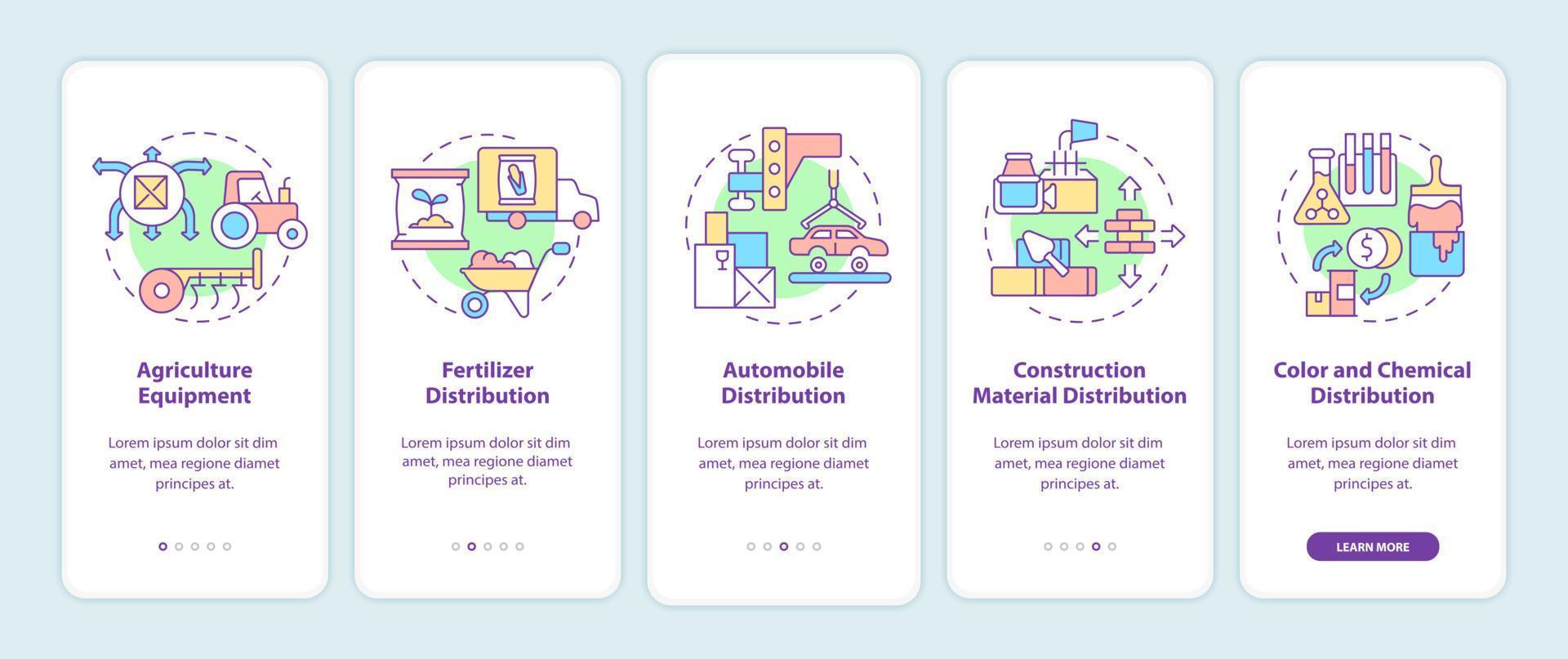 Distributor business ideas onboarding mobile app page screen. Wholesale walkthrough 5 steps graphic instructions with concepts. UI, UX, GUI vector template with linear color illustrations