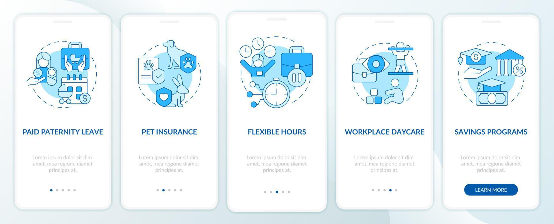 Family bonuses onboarding mobile app page screen. Flexible hours walkthrough 5 steps graphic instructions with linear concepts. UI, UX, GUI template. Myriad Pro-Bold, Regular fonts used vector