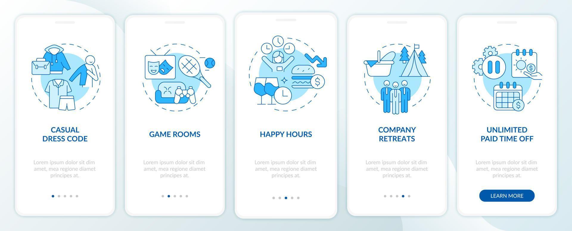Workplace perks onboarding mobile app page screen. Unlimited paid time off walkthrough 5 steps graphic instructions with linear concepts. UI, UX, GUI template. Myriad Pro-Bold, Regular fonts used vector