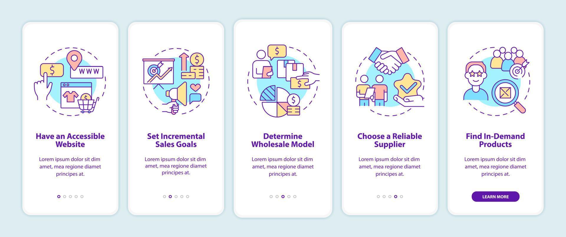 Distribution business tips onboarding mobile app page screen. Wholesale trade walkthrough 5 steps graphic instructions with concepts. UI, UX, GUI vector template with linear color illustrations