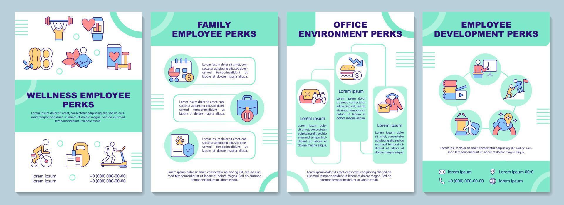 Employee perks brochure template. Staff wellness. Booklet print design with linear icons. Vector layouts for presentation, annual reports, advertisement. Arial-Black, Myriad Pro-Regular fonts used