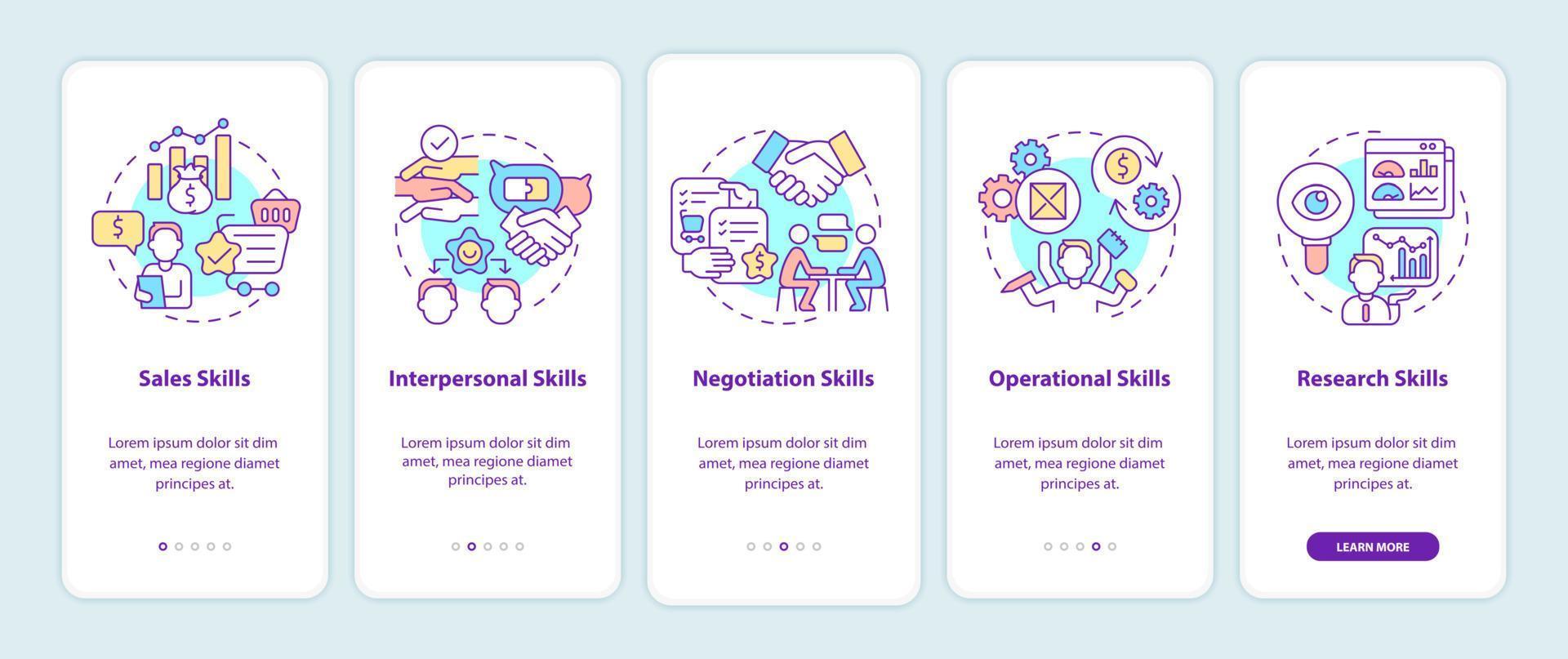 Skills for distributor onboarding mobile app page screen. Start business walkthrough 5 steps graphic instructions with concepts. UI, UX, GUI vector template with linear color illustrations