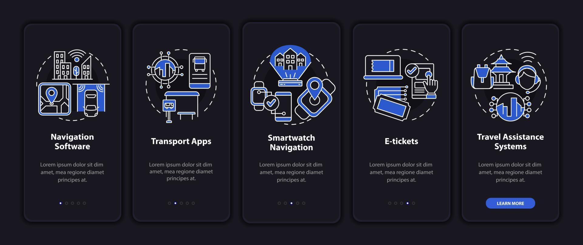 pantalla de la página de la aplicación móvil de incorporación de la digitalización del transporte de pasajeros. tutorial de servicio 5 pasos instrucciones gráficas con conceptos. ui, ux, plantilla vectorial gui con ilustraciones lineales en modo nocturno vector