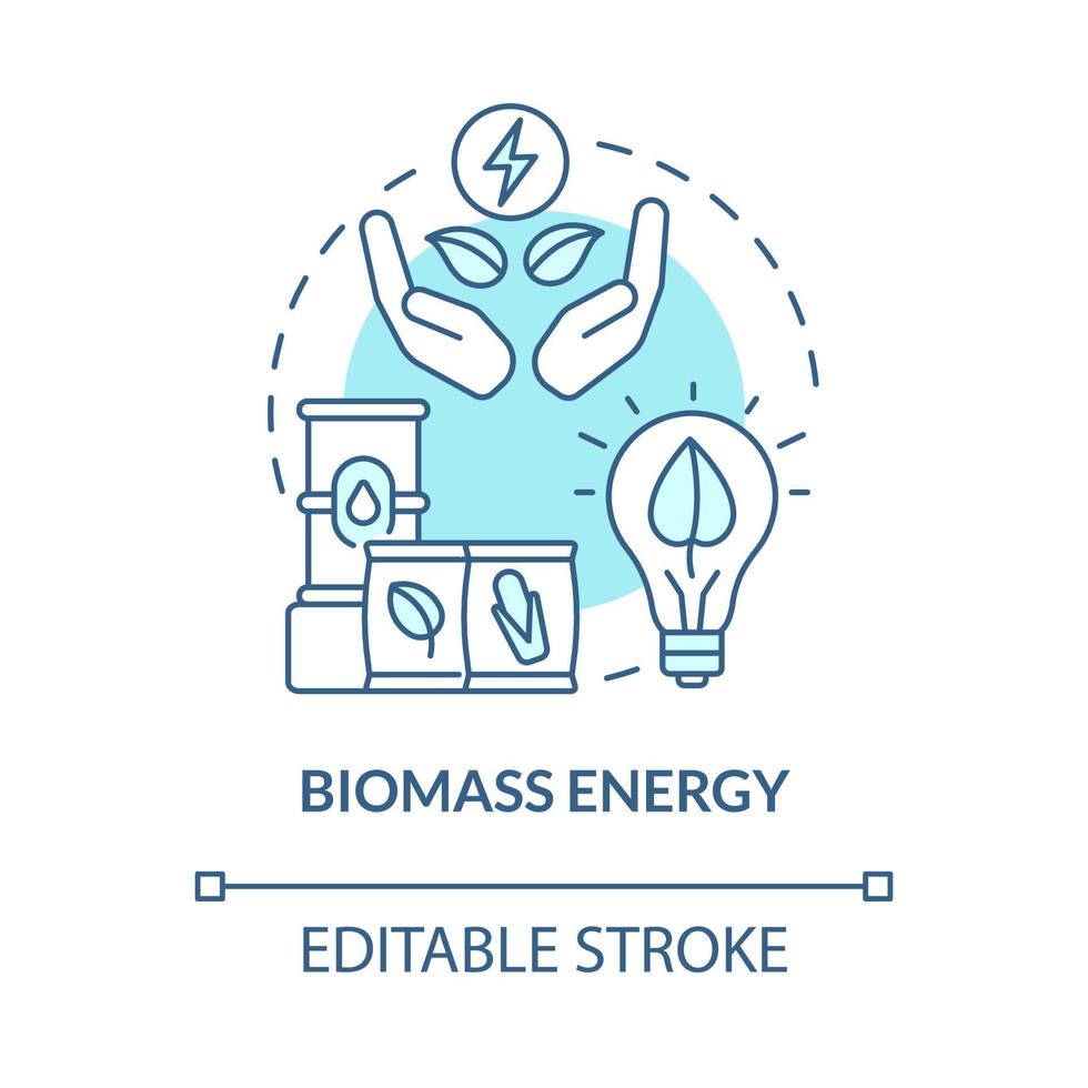 Icono de concepto azul turquesa de energía de biomasa. materiales naturales renovables potencia idea abstracta ilustración de línea delgada. dibujo de contorno aislado. trazo editable. roboto-medium, innumerables fuentes pro-bold utilizadas vector