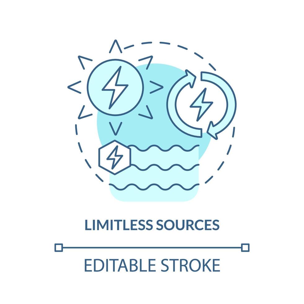 Limitless sources turquoise blue concept icon. Renewable energy resources abstract idea thin line illustration. Isolated outline drawing. Editable stroke. Roboto-Medium, Myriad Pro-Bold fonts used vector