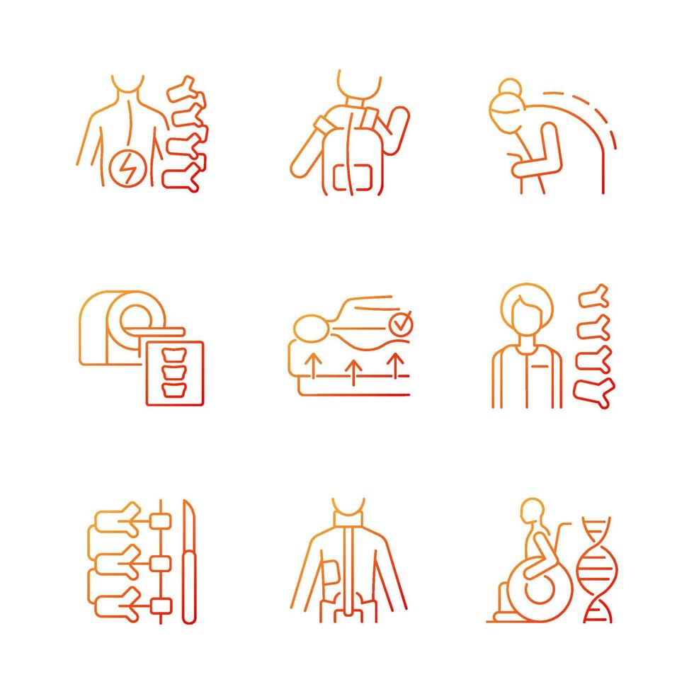 Scoliosis causes gradient linear vector icons set. Spine disorder. Spinal column surgical correction. Vertebral medicine. Thin line contour symbols bundle. Isolated outline illustrations collection