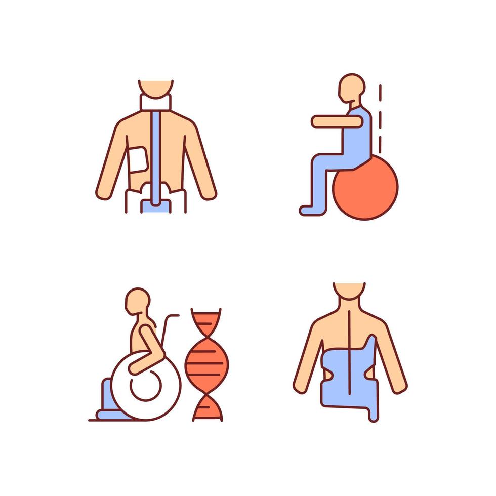 Scoliosis prevention methods RGB color icons set. Spinal curve corrective orthosis. Gymnastics for spine health. Isolated vector illustrations. Simple filled line drawings collection. Editable stroke