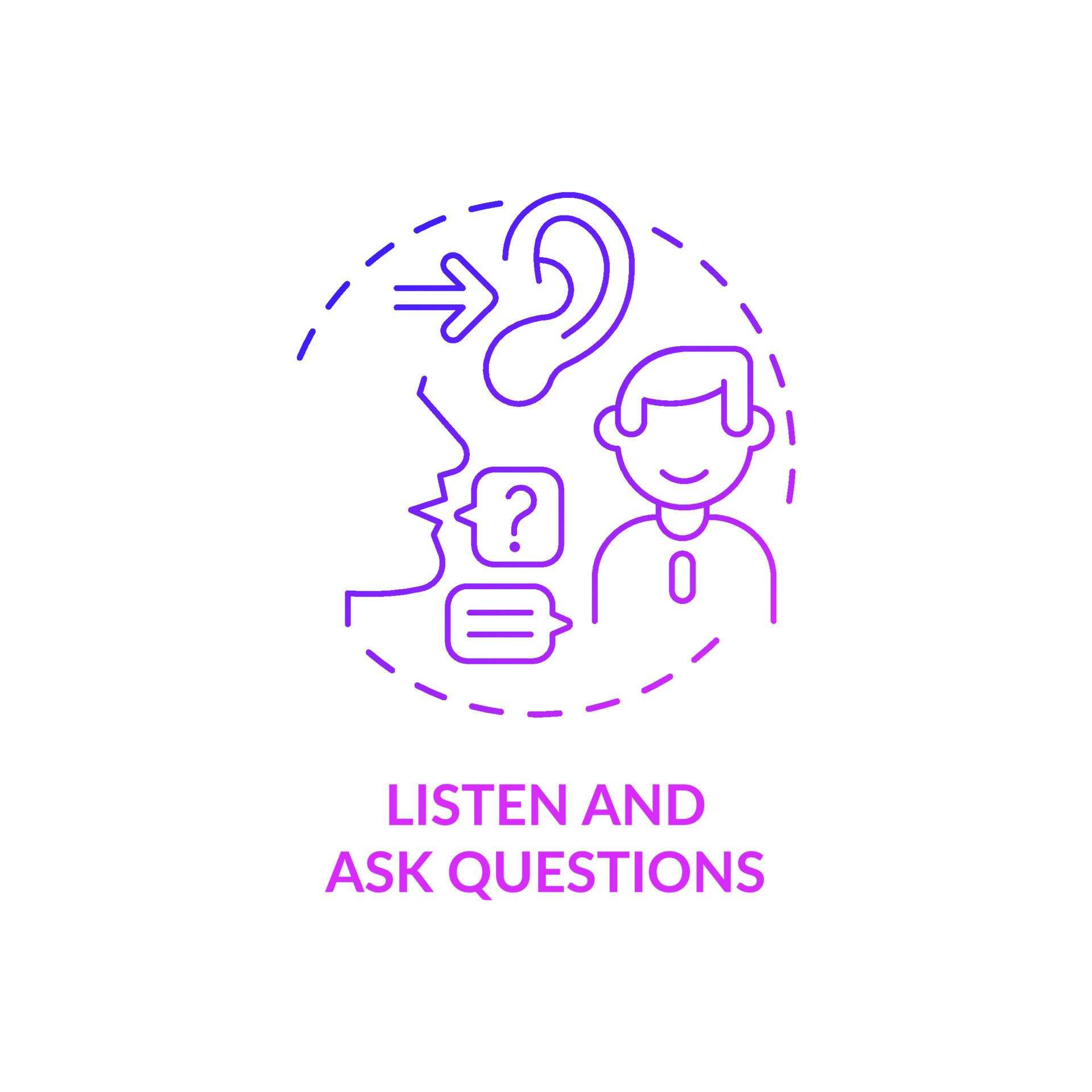 Listen and ask questions purple gradient concept icon. Job interview