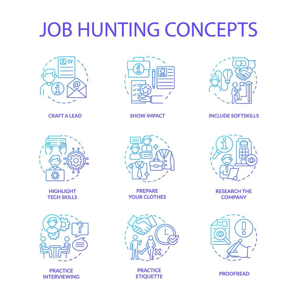 Job hunting blue gradient concept icons set. Attracting talents idea thin line color illustrations. Human resource. Writing cv. Apply for job. Interviewing. Vector isolated outline drawings