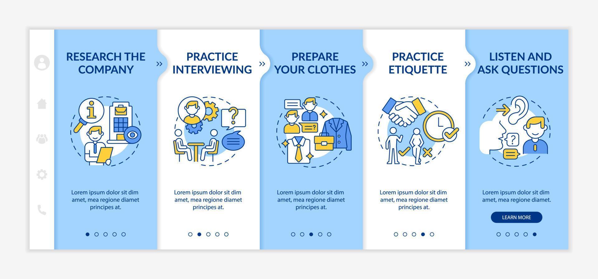 Preparing for job interview onboarding vector template. Responsive mobile website with icons. Web page walkthrough 5 step screens. Job position color concept with linear illustrations