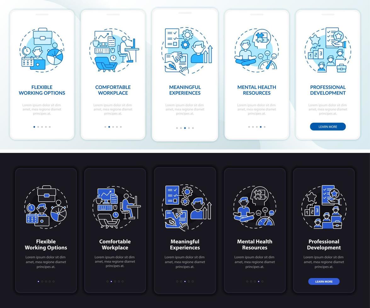 Employee benefits dark, light onboarding mobile app page screen. Walkthrough 5 steps graphic instructions with concepts. UI, UX, GUI vector template with linear night and day mode illustrations