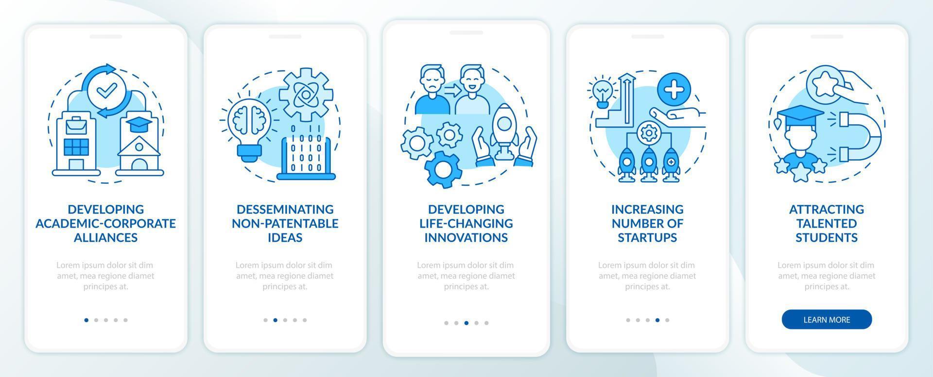 Tech transfer advantage onboarding mobile app page screen. Share nonpatentable ideas walkthrough 5 steps graphic instructions with concepts. UI, UX, GUI vector template with linear color illustrations