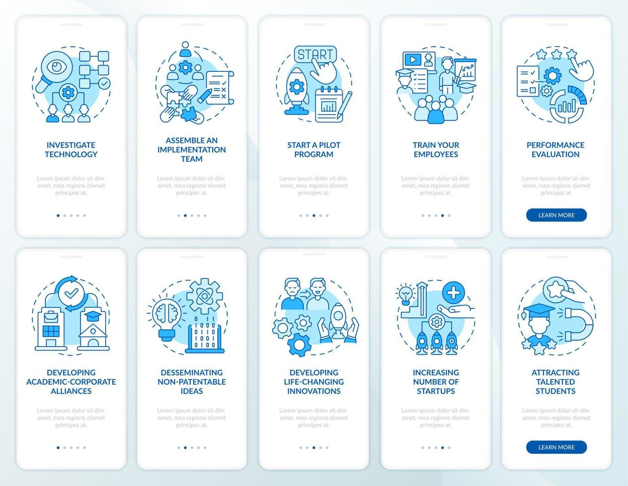 Technology dissemination onboarding mobile app page screen. Sharing knowledge walkthrough 5 steps graphic instructions with concepts. UI, UX, GUI vector template with linear color illustrations