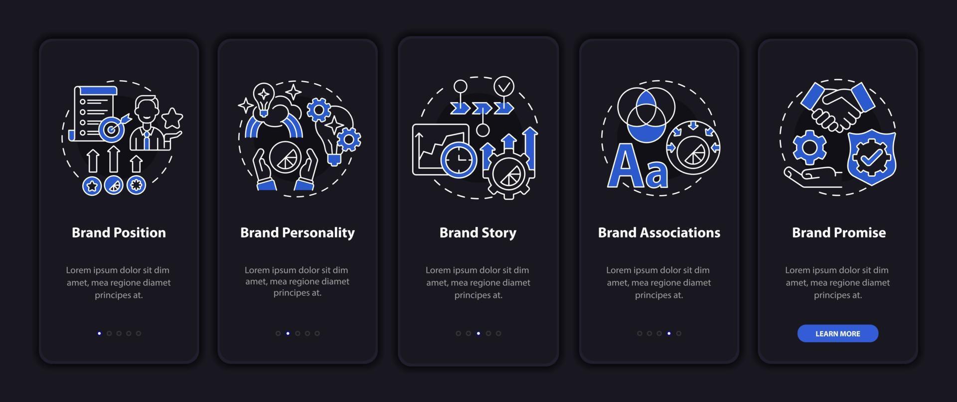 Key brand elements dark onboarding mobile app page screen. Business value walkthrough 5 steps graphic instructions with concepts. UI, UX, GUI vector template with night mode illustrations