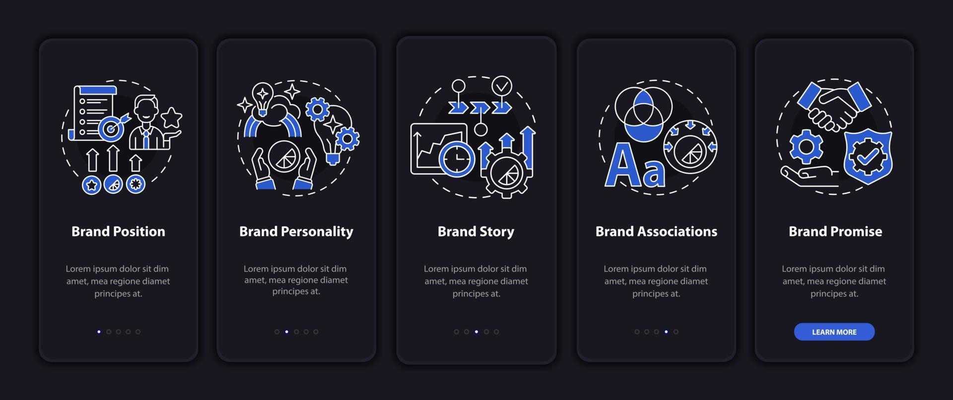 pantalla de la página de la aplicación móvil de incorporación oscura de los elementos clave de la marca. Instrucciones gráficas de 5 pasos del tutorial de valor empresarial con conceptos. ui, ux, plantilla vectorial gui con ilustraciones en modo nocturno vector