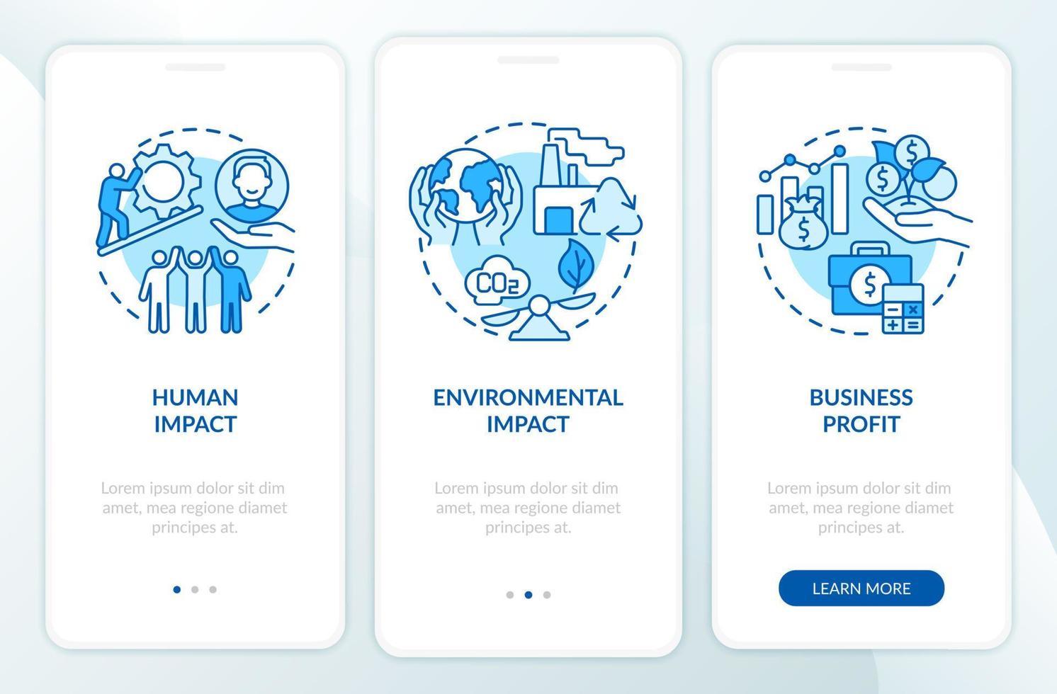 Social entrepreneurship success measurement blue onboarding mobile app page screen. Walkthrough 5 steps graphic instructions with concepts. UI, UX, GUI vector template with linear color illustrations