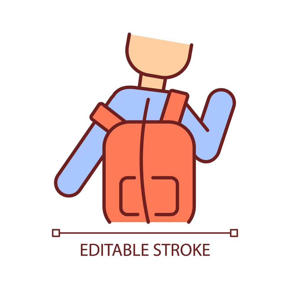 Incorrect use RGB color icon. Scoliosis causing condition. Backpack wearing wrong way. Backbone deformation development. Isolated vector illustration. Simple filled line drawing. Editable stroke