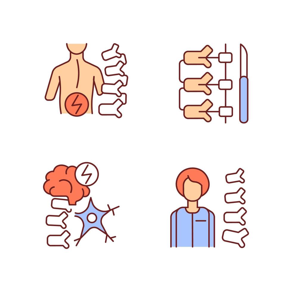 Spinal column disorders RGB color icons set. Scoliosis. Neuromuscular disability. Orthopedic doctor and surgeon. Isolated vector illustrations. Simple filled line drawings collection. Editable stroke