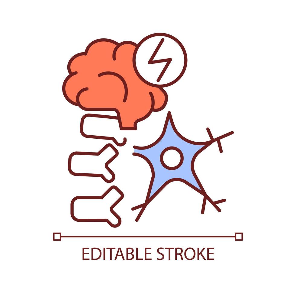 Neuromuscular RGB color icon. Brain and nerve damage. Neurological disease. Movement and muscle disorder. Spinal cord injury. Isolated vector illustration. Simple filled line drawing. Editable stroke