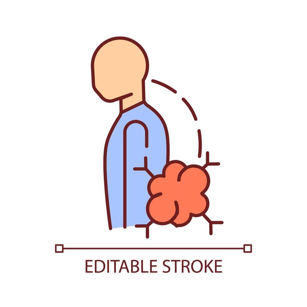 Pathologic scoliosis RGB color icon. Benign bone tumor. Spine sideways deviation. Backbone curvature. Spinal deformation. Isolated vector illustration. Simple filled line drawing. Editable stroke