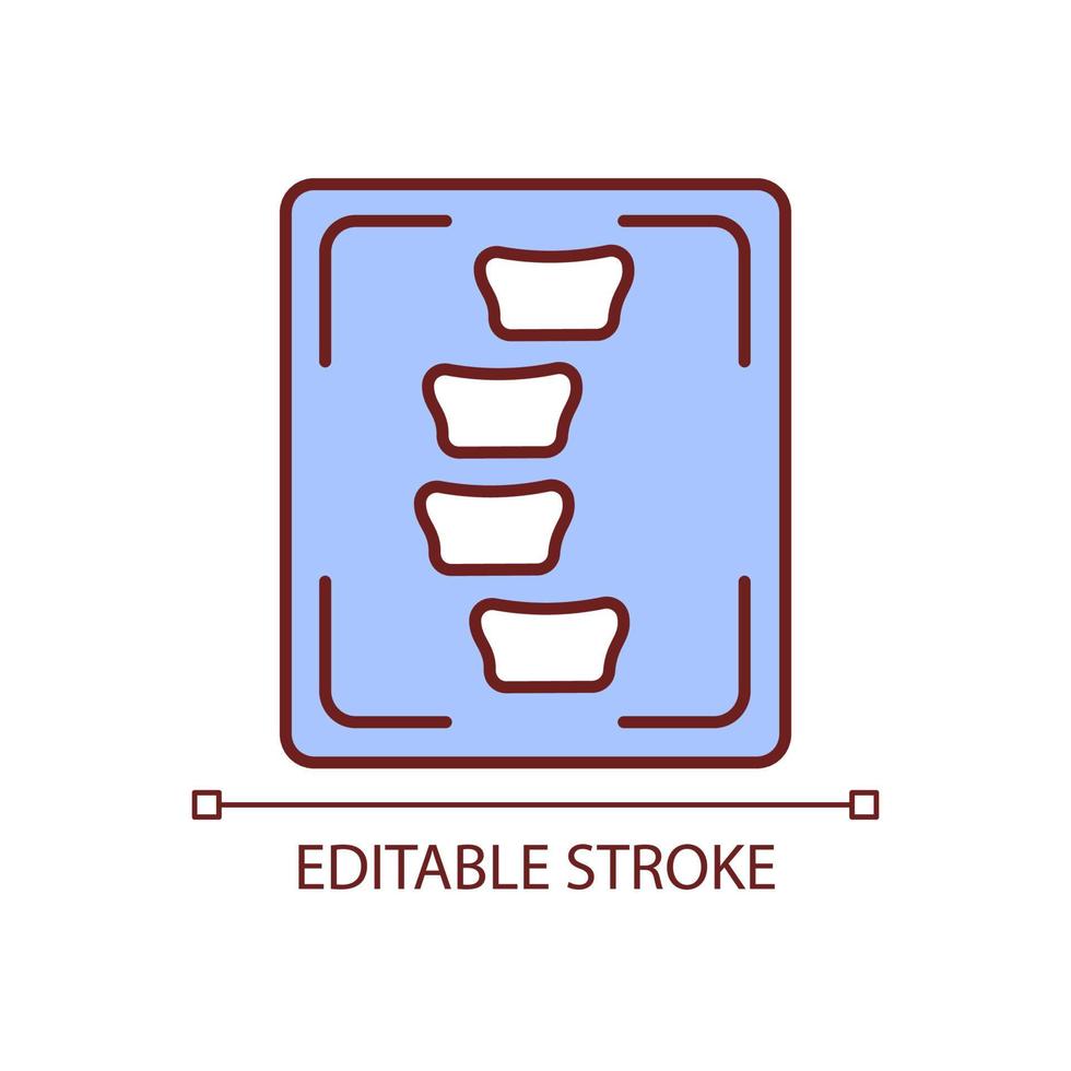 X-ray of scoliosis RGB color icon. Detailed spinal image. Backbone curvature examination. Spine bones deformation testing. Isolated vector illustration. Simple filled line drawing. Editable stroke