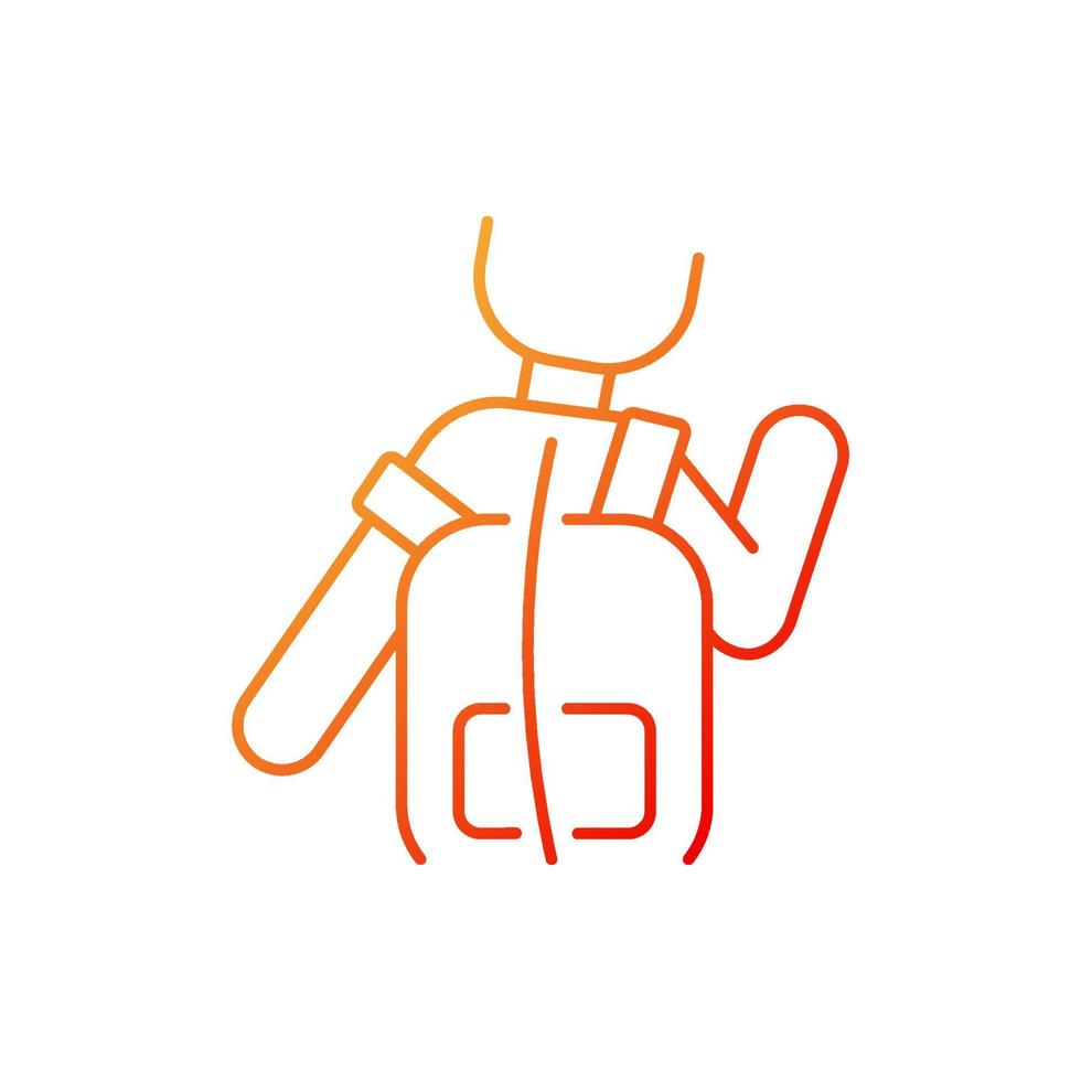 Incorrect use gradient linear vector icon. Scoliosis cause. Backpack wearing wrong way. Posture deformaty development. Thin line color symbol. Modern style pictogram. Vector isolated outline drawing