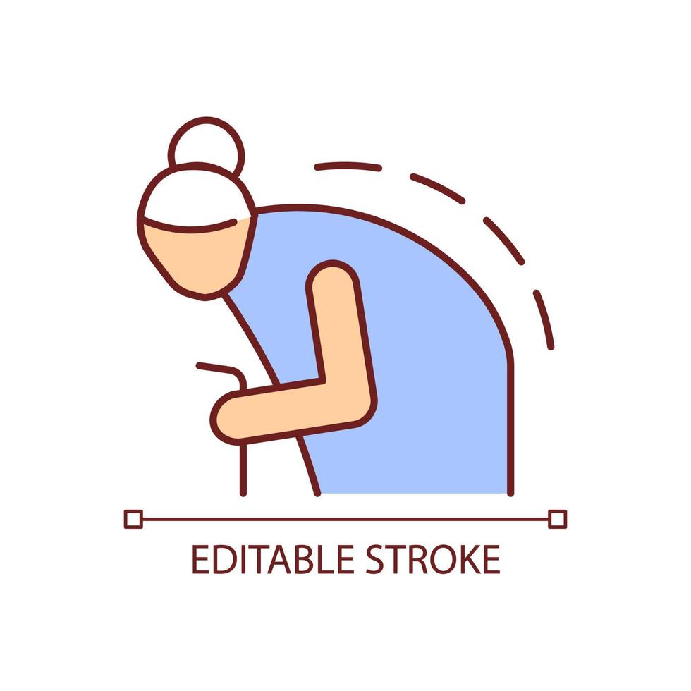 Kyphosis RGB color icon. Roundback. Spine curvature. Abnormal back curve. Elderly person with back problem. Backbone disease. Isolated vector illustration. Simple filled line drawing. Editable stroke