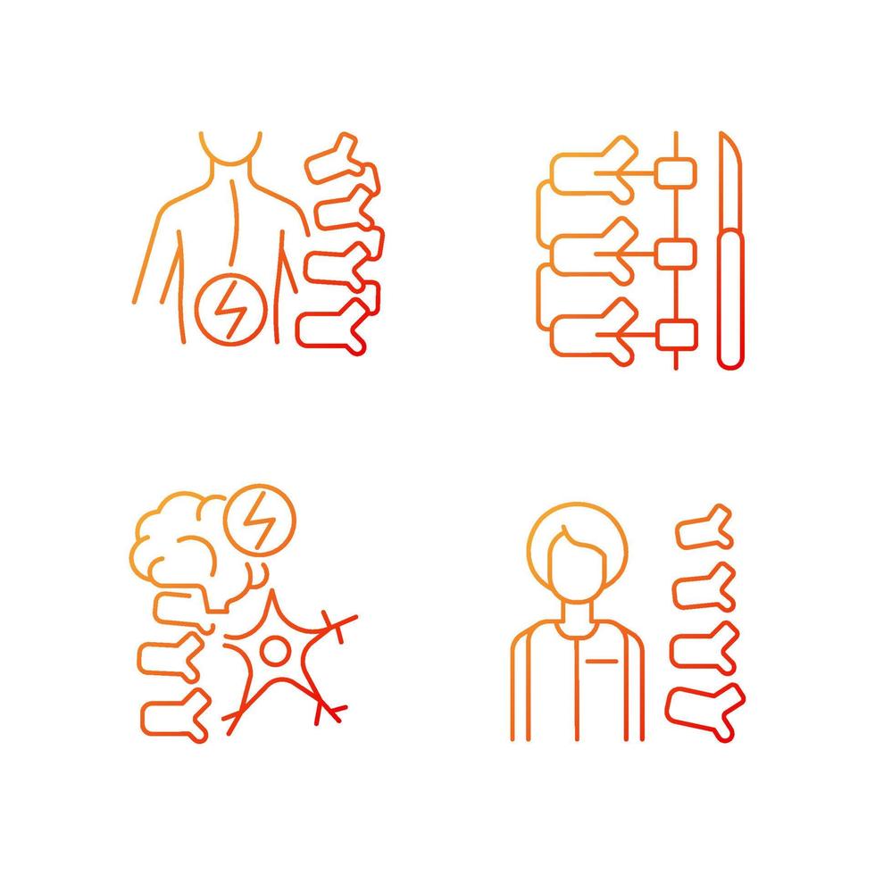 conjunto de iconos de vector lineal de gradiente de trastornos de la columna vertebral. escoliosis. discapacidad neuromuscular. médico ortopedista. paquete de símbolos de contorno de línea delgada. colección de ilustraciones de contorno aislado