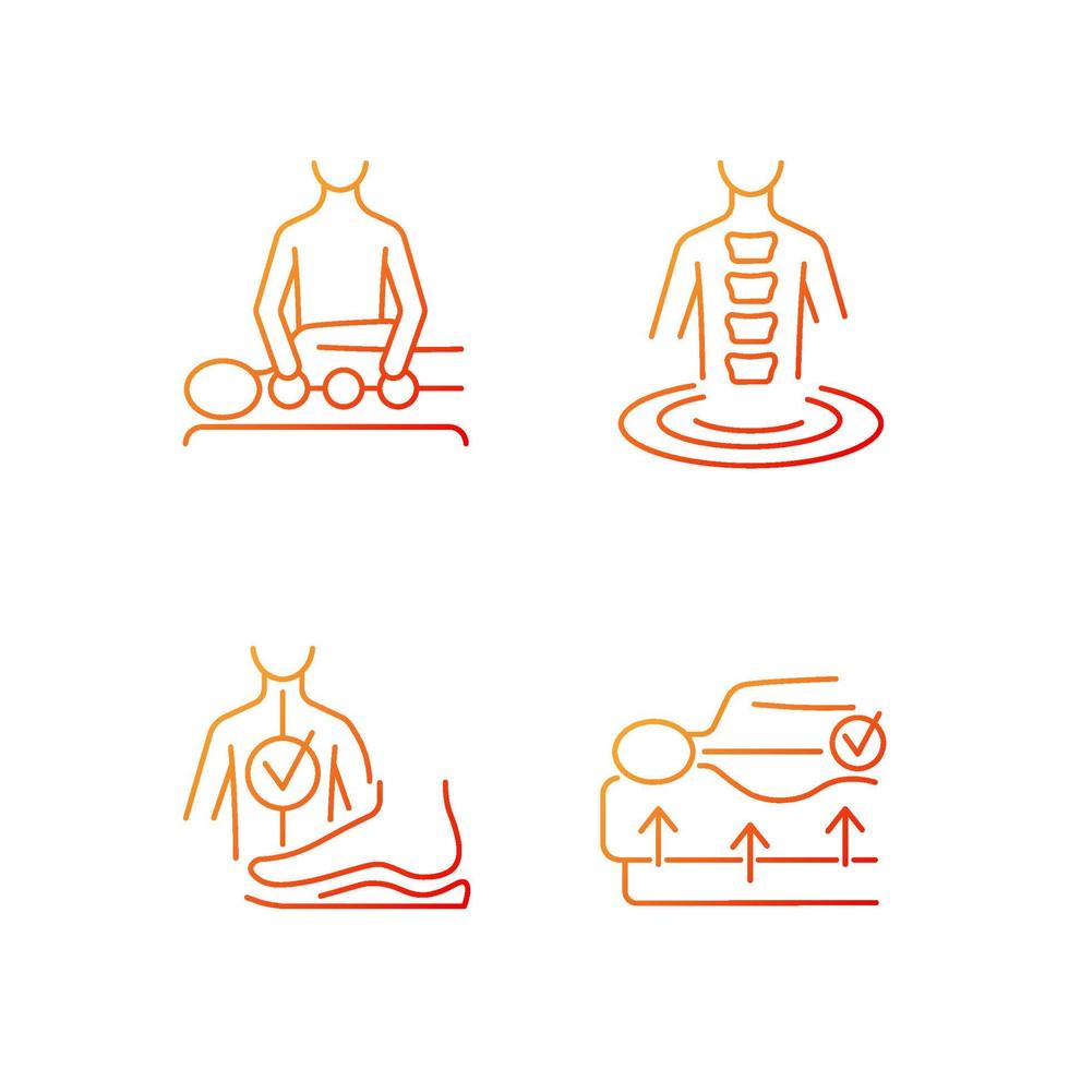 Spine problems prevention gradient linear vector icons set. Manual therapy. Orthotics foot pads. Orthopedic spine mattress. Thin line contour symbols bundle. Isolated outline illustrations collection