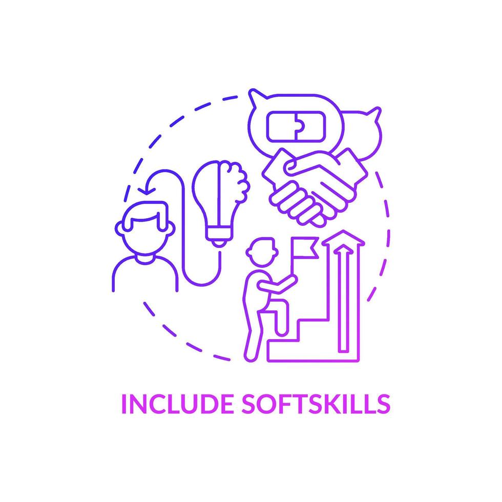 Include softskills purple gradient concept icon. Writing cv abstract idea thin line illustration. Highlight communication skills. Teamwork ability. Vector isolated outline color drawing