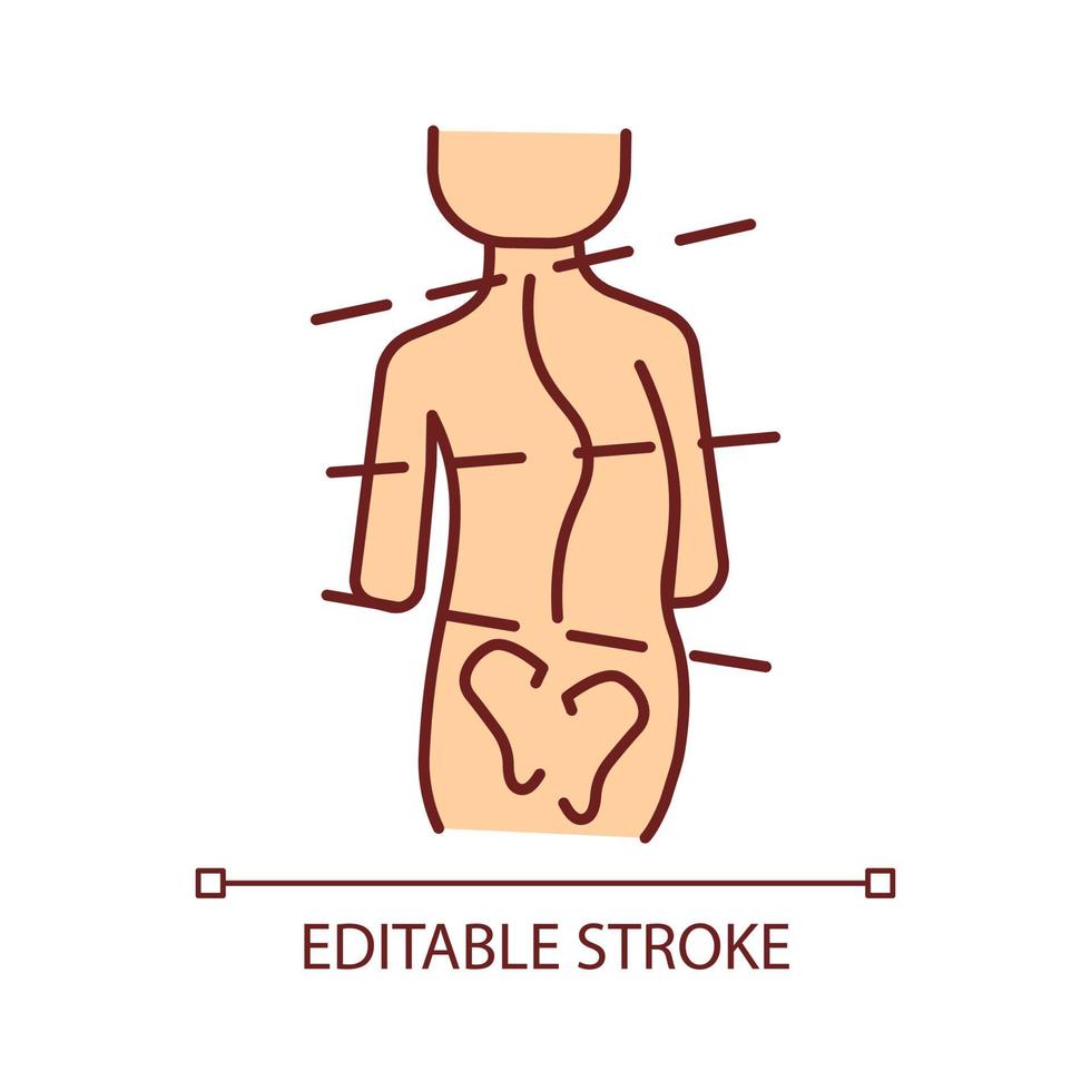 Idiopathic scoliosis RGB color icon. Spine abnormal curvature. Backbone deformation. Adolescent scoliosis. Spinal problems. Isolated vector illustration. Simple filled line drawing. Editable stroke