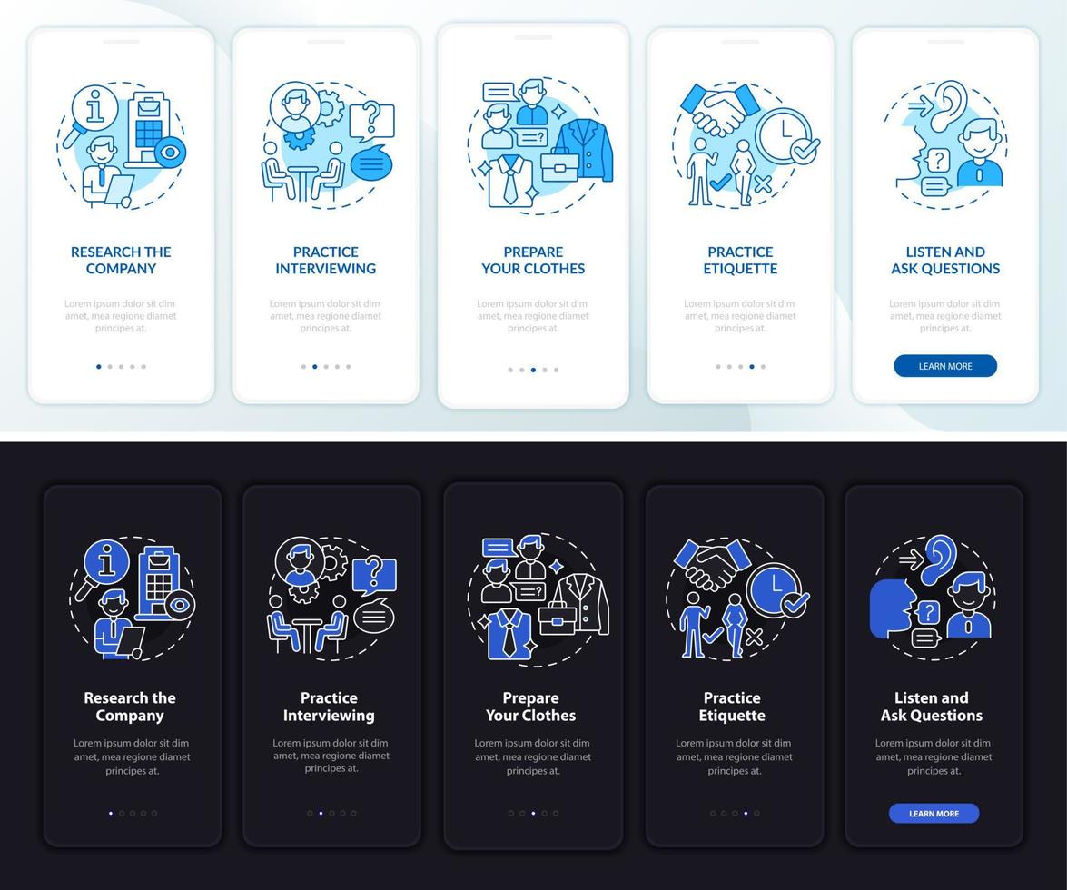 Prepare for interview dark, light onboarding mobile app page screen. Walkthrough 5 steps graphic instructions with concepts. UI, UX, GUI vector template with linear night and day mode illustrations