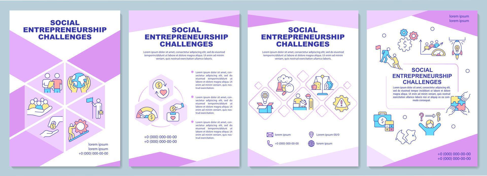 plantilla de folleto de desafíos de emprendimiento social. folleto, folleto, impresión de folleto, diseño de portada con iconos lineales. diseños vectoriales para presentaciones, informes anuales, páginas de publicidad vector