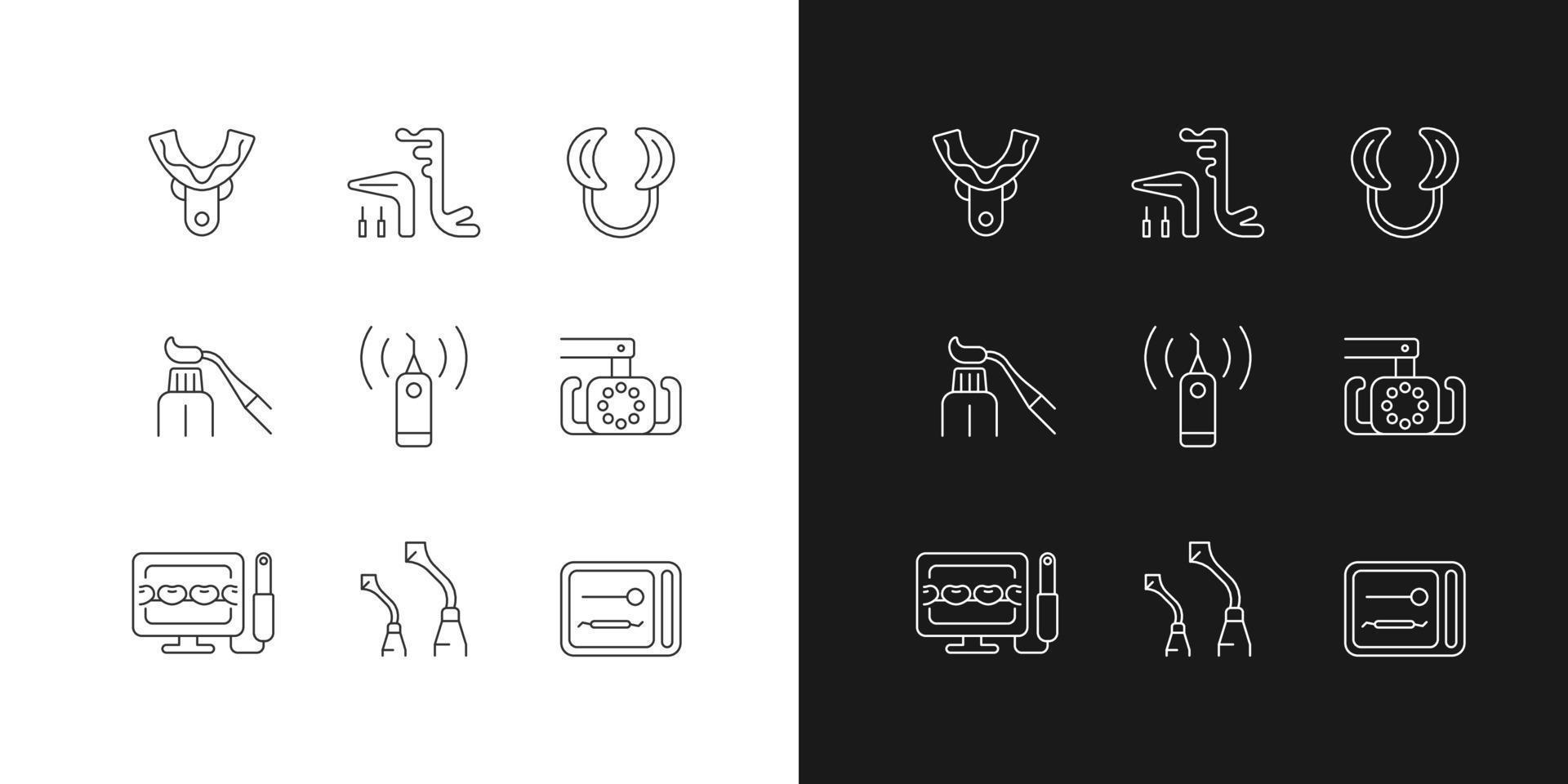 Dental check up linear icons set for dark and light mode. Medical devices. Impression tray. Implant maintenance. Customizable thin line symbols. Isolated vector outline illustrations. Editable stroke