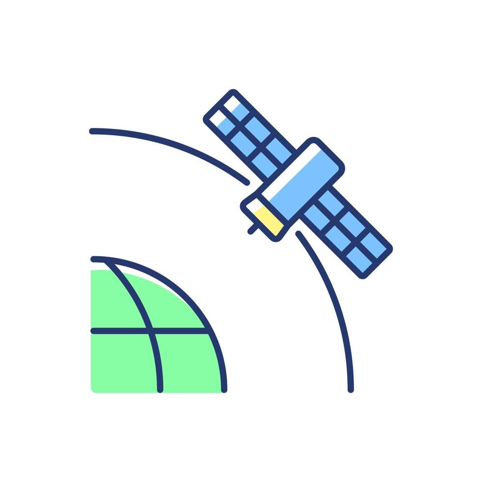 Geostationary Satellite blue, green RGB color icon. Rotation of celestial bodies in geostationary orbit. Thin line customizable illustration. Isolated vector illustration. Simple filled line drawing