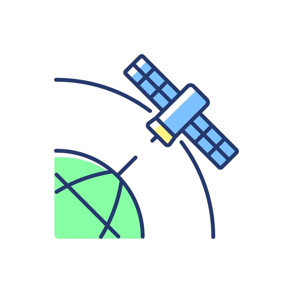 Polar Satellite blue, green RGB color icon. Artifial satelite investigating pole surface, magnetosphere. Thin line customizable illustration. Isolated vector illustration. Simple filled line drawing