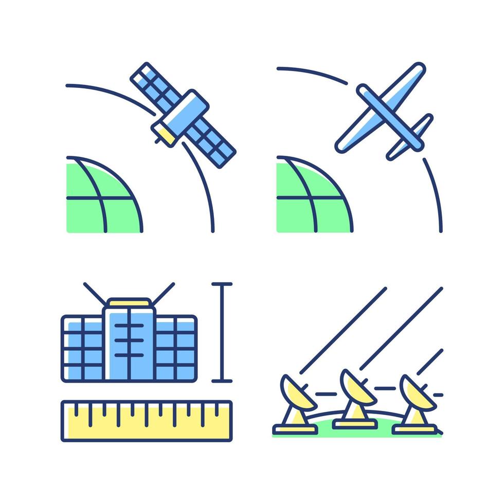 Satellite technologies green, blue RGB color icons set. Ground Satellite system. Geostationary, drone, nano satelites. Isolated vector illustrations. Simple filled line drawings collection