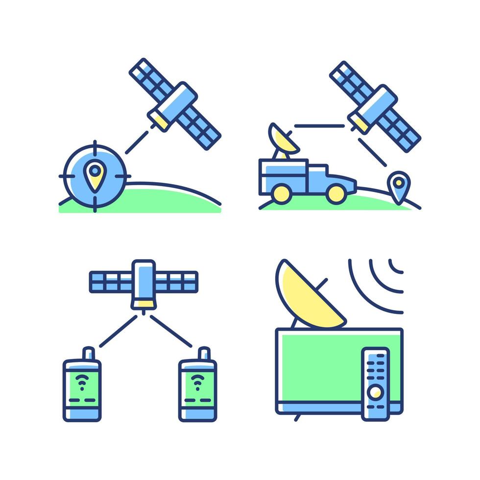 Communications satellites green, blue RGB color icons set. Military satelites. Global telecommunications network connection. Isolated vector illustrations. Simple filled line drawings collection