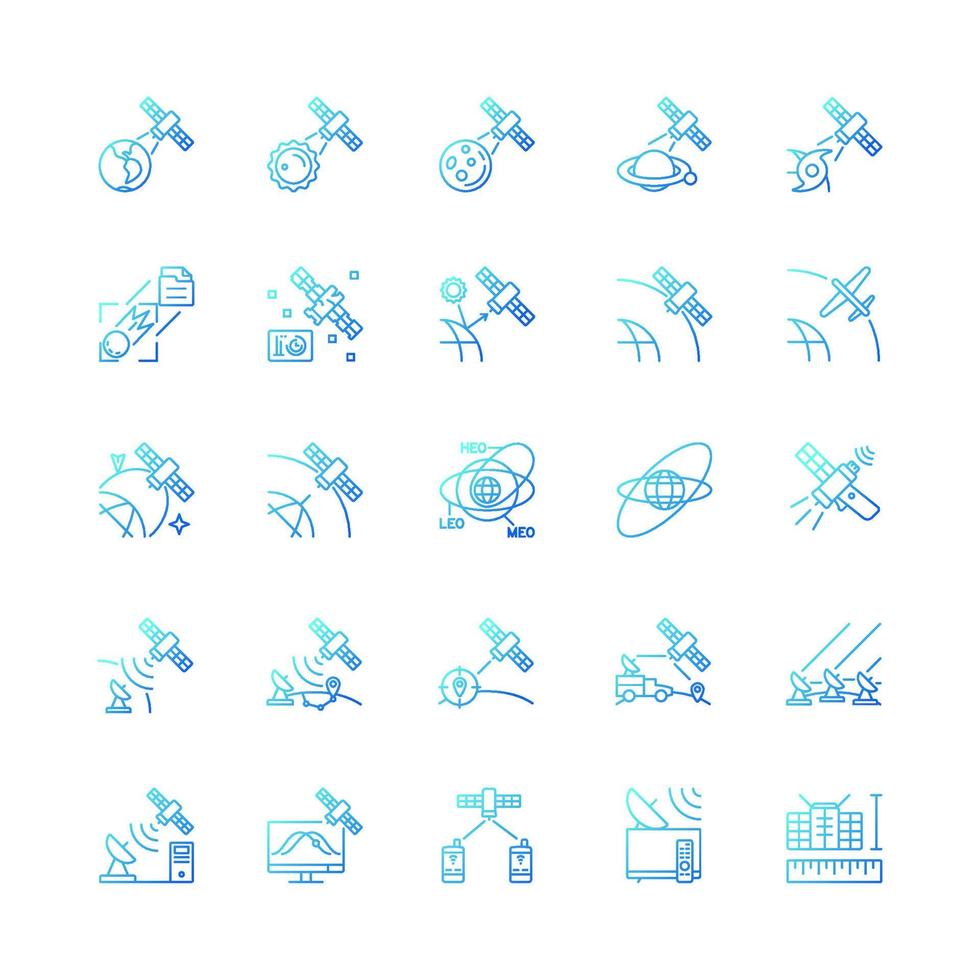 Satellites types gradient linear vector icons set. Celestial bodies observation, exploration perfomance. Thin line contour symbols bundle. Isolated outline illustrations collection