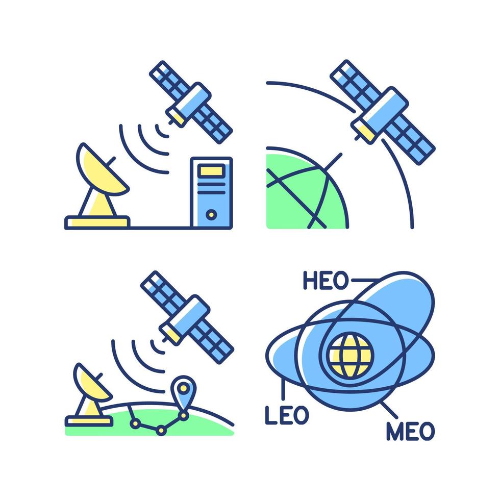 Satellite radionavigation green, blue RGB color icons set. Transmission Control Protocol standarts. Satellite orbits. Isolated vector illustrations. Simple filled line drawings collection