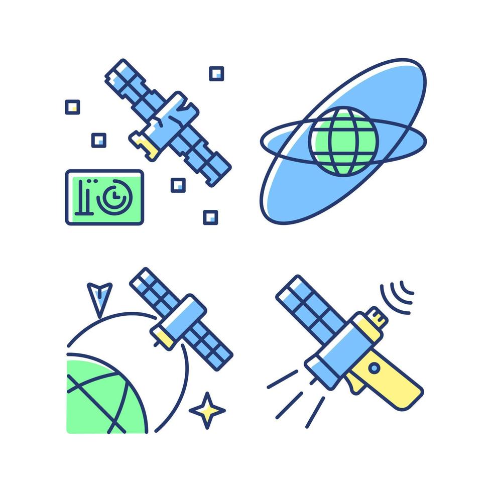 Satellites in space blue RGB color icons set. Satellite orbits. Science spacecraft location, positioning in space. Isolated vector illustrations. Simple filled line drawings collection
