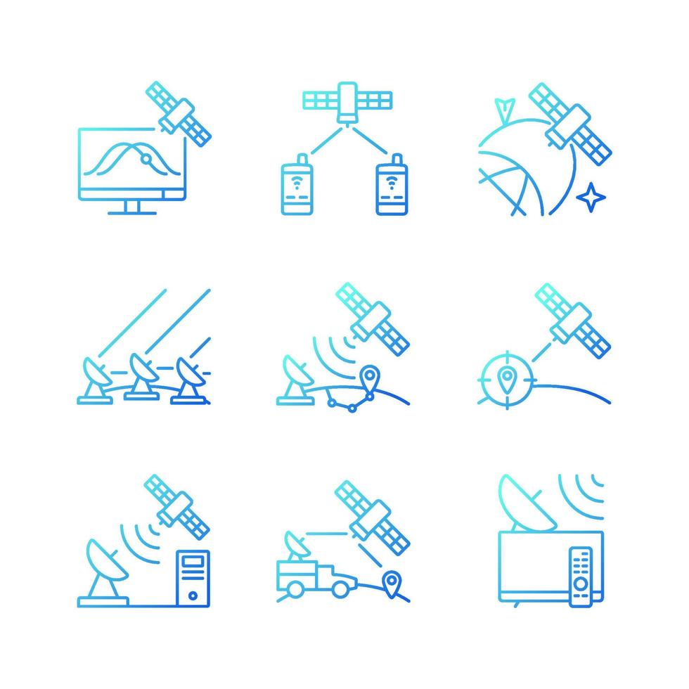 Artificial satellites gradient linear vector icons set. Satellite tracking, navigation, positioning system. Thin line contour symbols bundle. Isolated outline illustrations collection