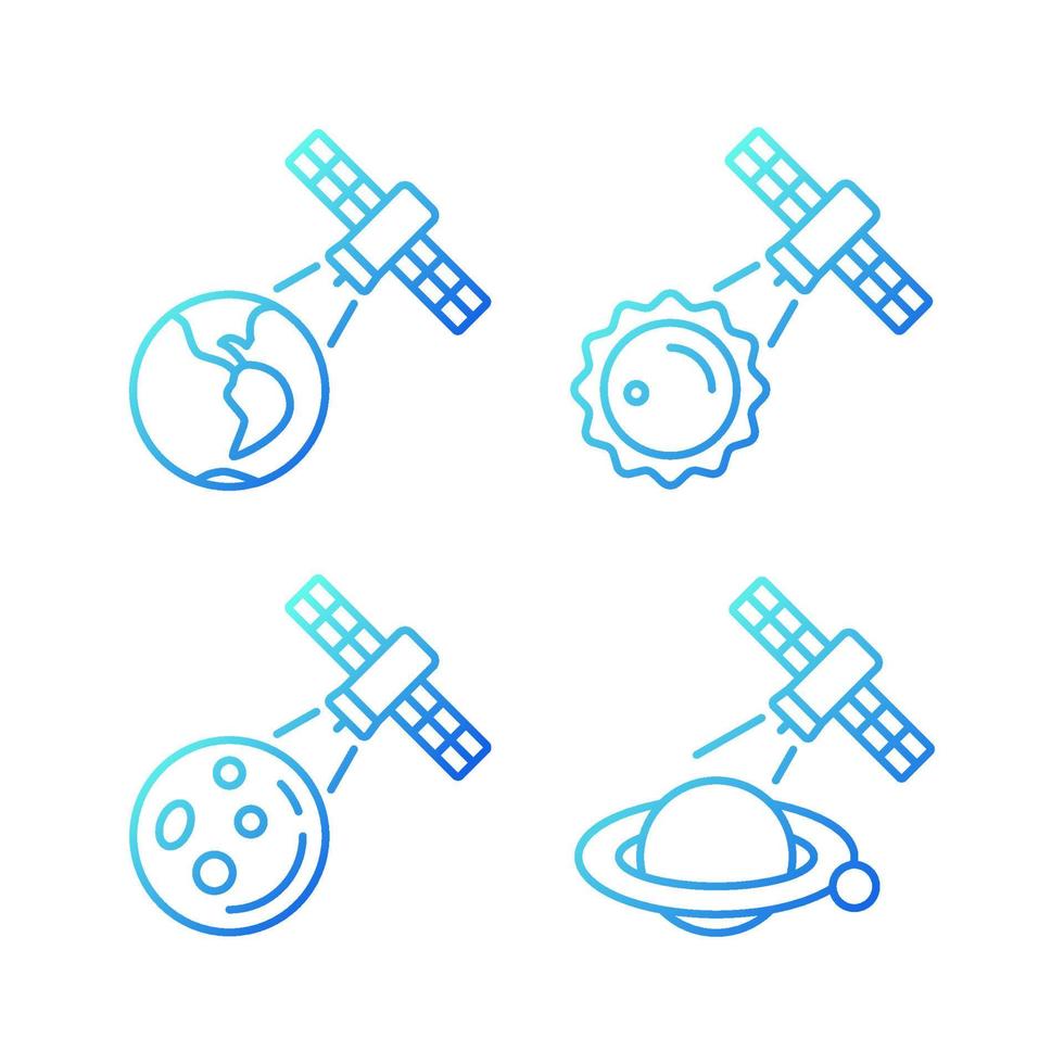 Celestial bodies observation gradient linear vector icons set. Heliophysics science investigations. Planet exploration. Thin line contour symbols bundle. Isolated outline illustrations collection