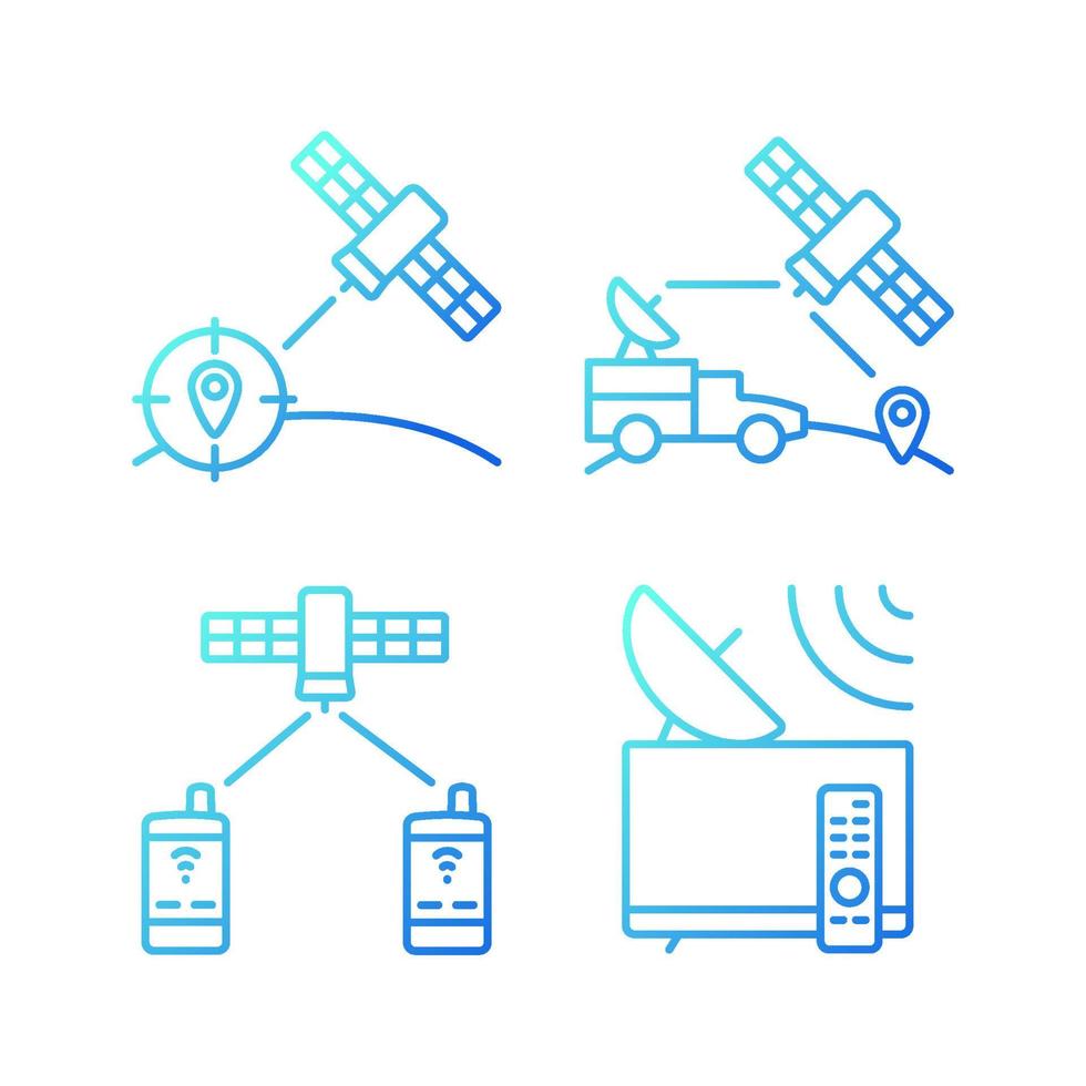 Communications satellites gradient linear vector icons set. Global telecommunications network connection. Thin line contour symbols bundle. Isolated outline illustrations collection