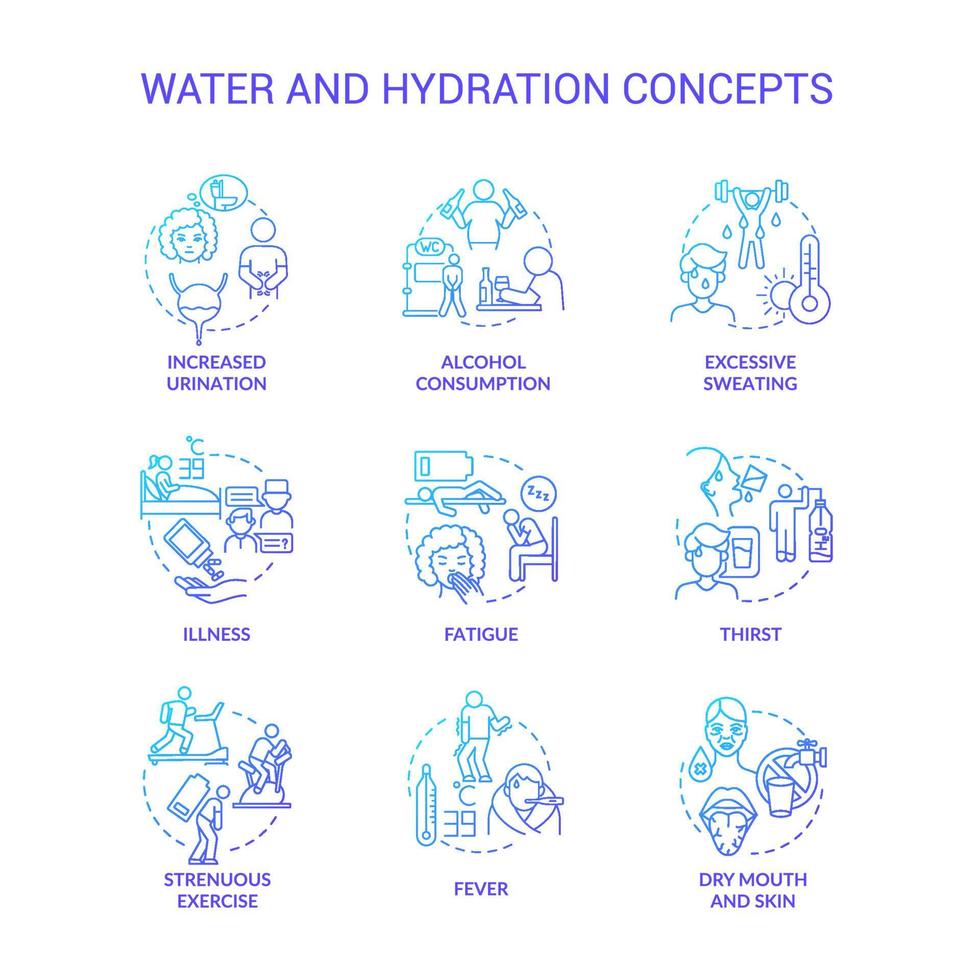 Water and hydration blue gradient concept icons set. Dehydration causes, symptoms. Additional liquid consumption. Water balance idea thin line color illustrations. Vector isolated outline drawings.