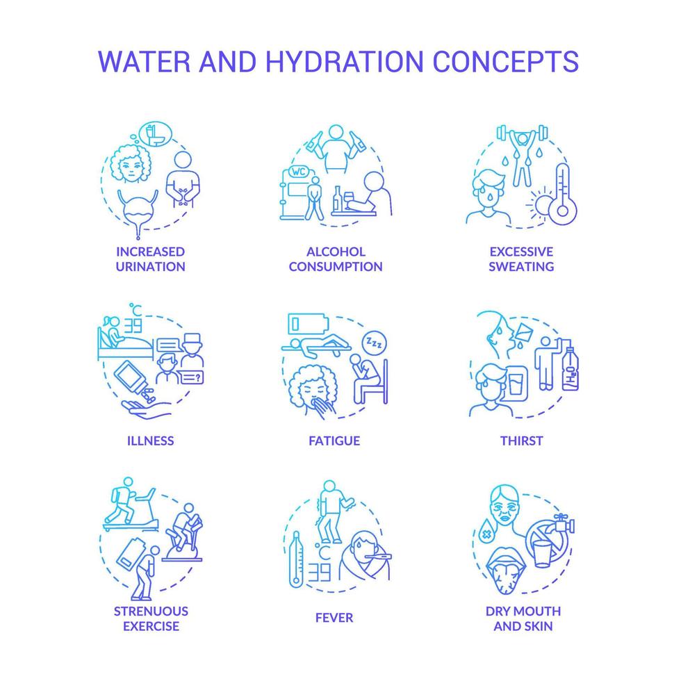 conjunto de iconos de concepto de gradiente azul de agua e hidratación. deshidratación causas, síntomas. consumo adicional de líquido. idea de equilibrio de agua ilustraciones en color de línea delgada. dibujos de contorno aislados vectoriales. vector