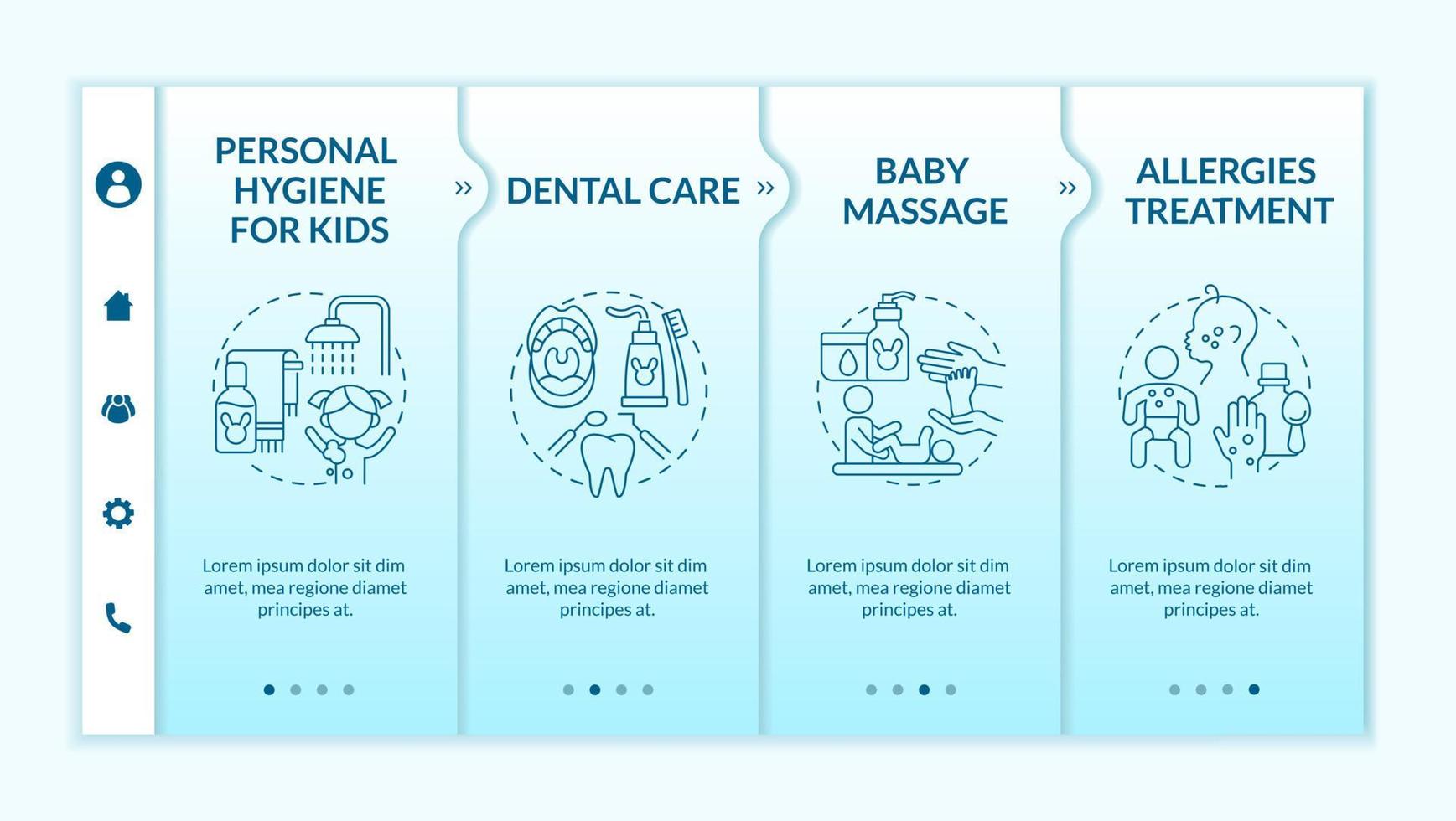 Baby care blue gradient onboarding vector template. Responsive mobile website with icons. Web page walkthrough 4 step screens. Child physical health color concept with linear illustrations