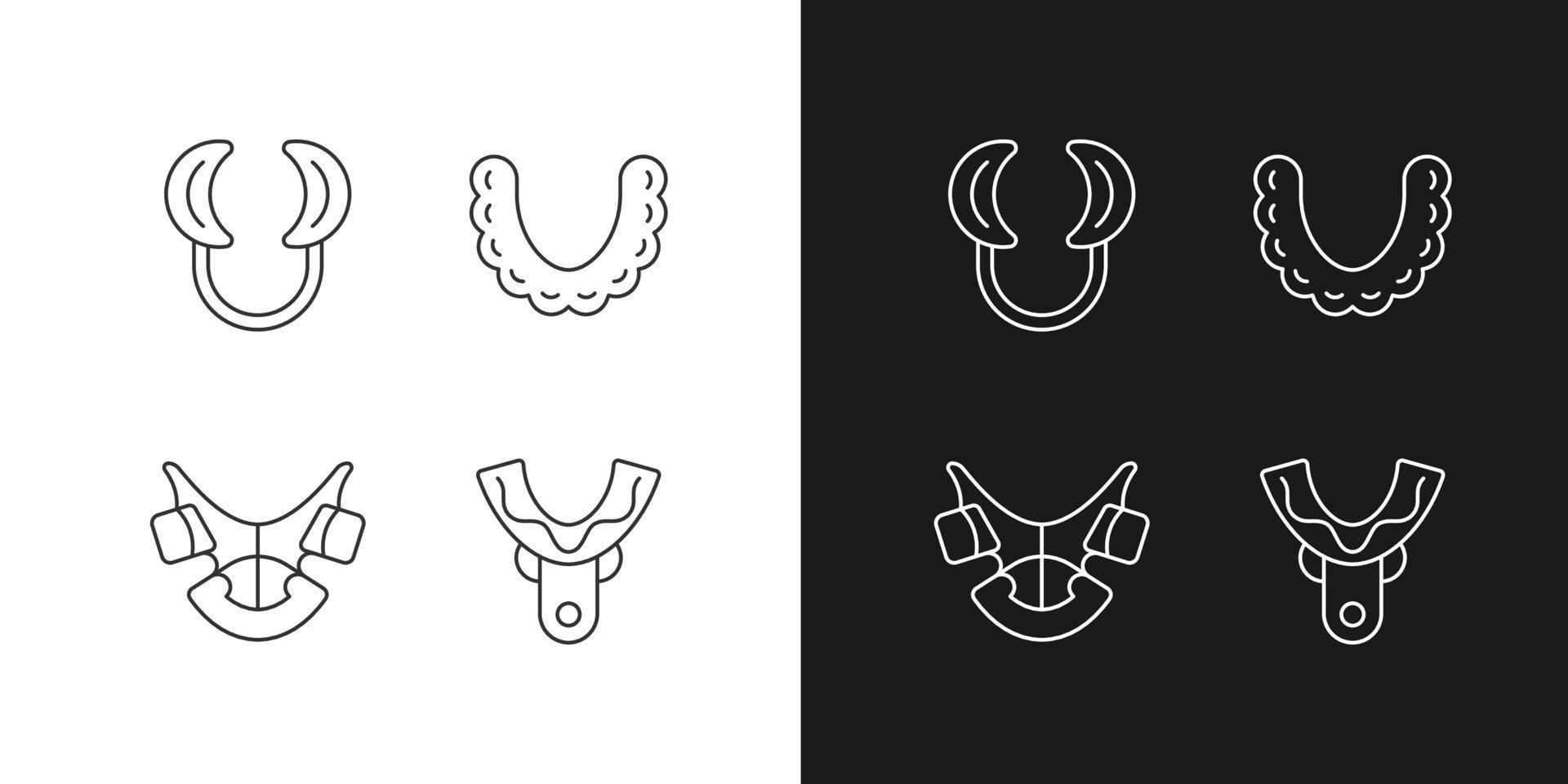 Orthodontic appliances linear icons set for dark and light mode. Realigning teeth device. Cheek retractor. Customizable thin line symbols. Isolated vector outline illustrations. Editable stroke