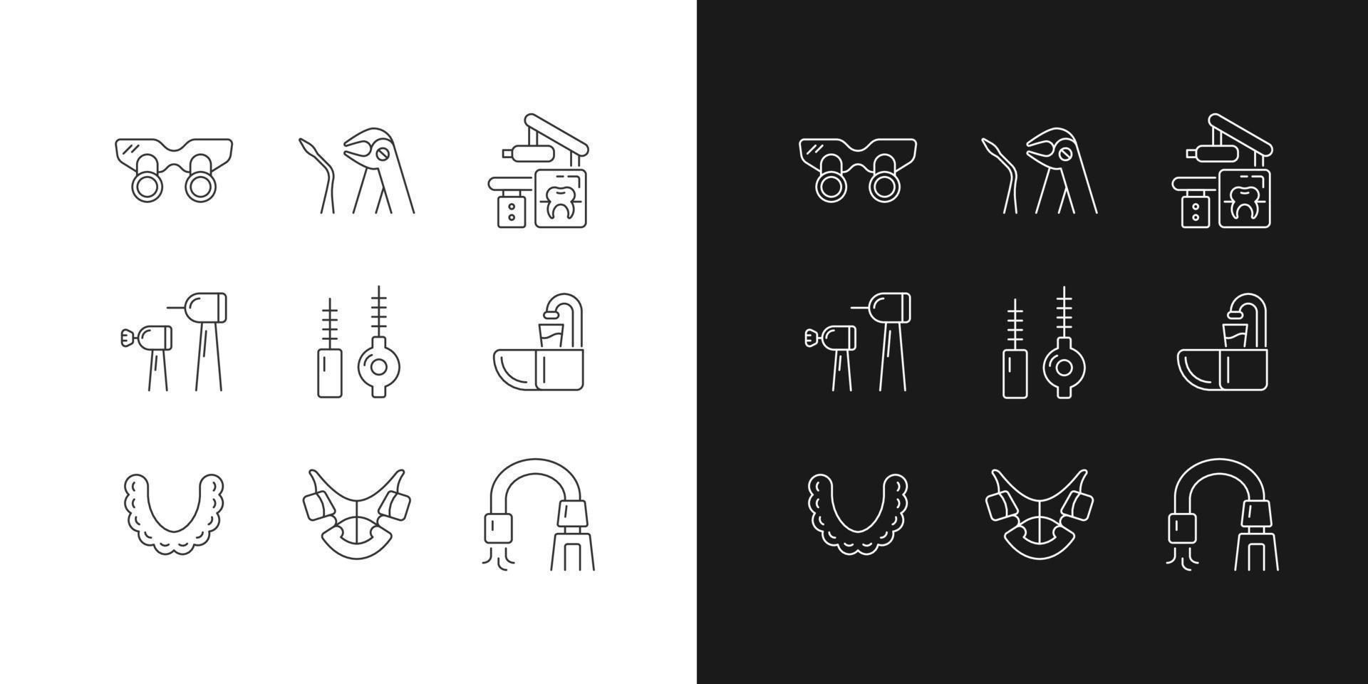 Dental visit linear icons set for dark and light mode. Orthodontic appliances. Tooth extraction. X-ray equipment. Customizable thin line symbols. Isolated vector outline illustrations. Editable stroke