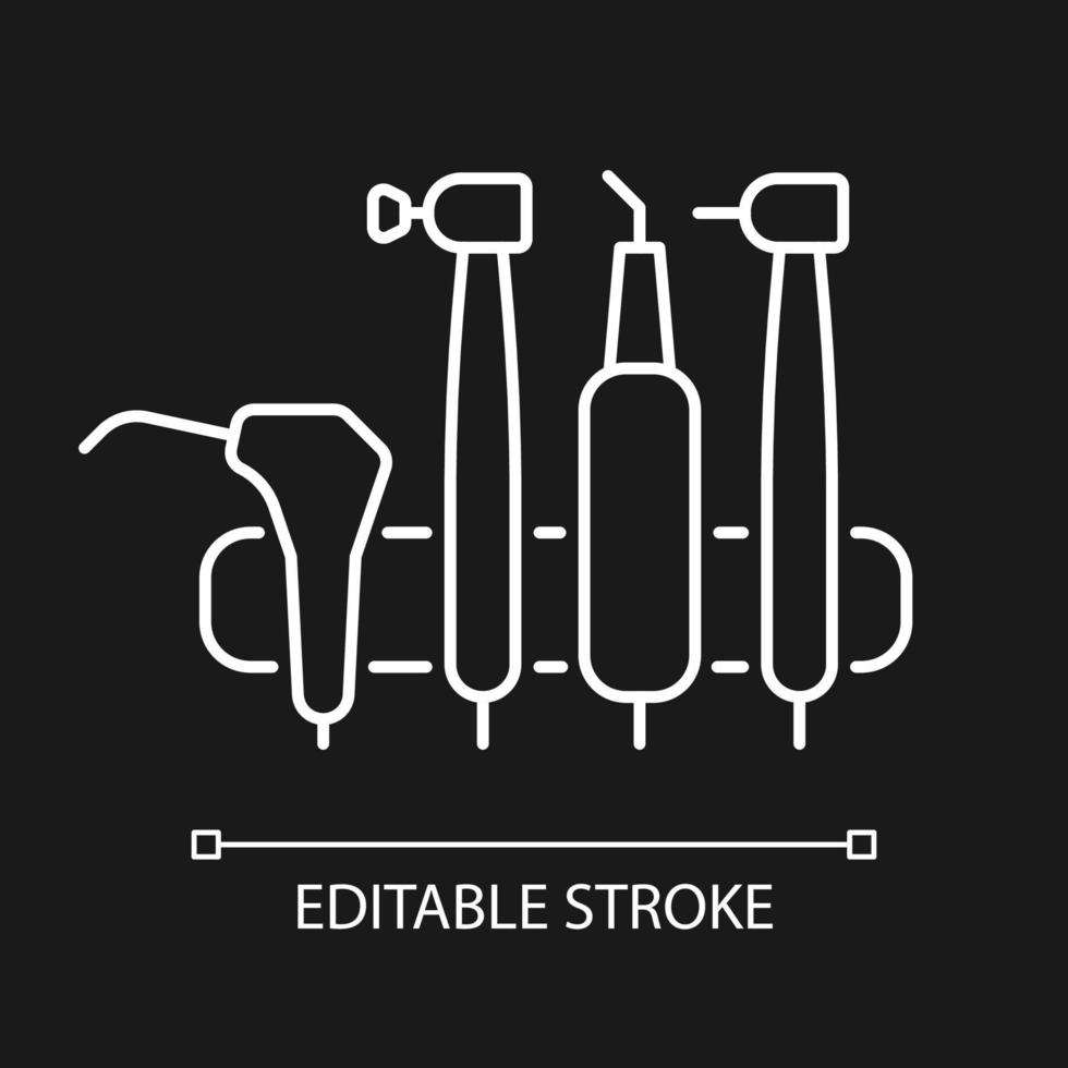 Dental machine unit white linear icon for dark theme. Medical tools for dental professional. Thin line customizable illustration. Isolated vector contour symbol for night mode. Editable stroke